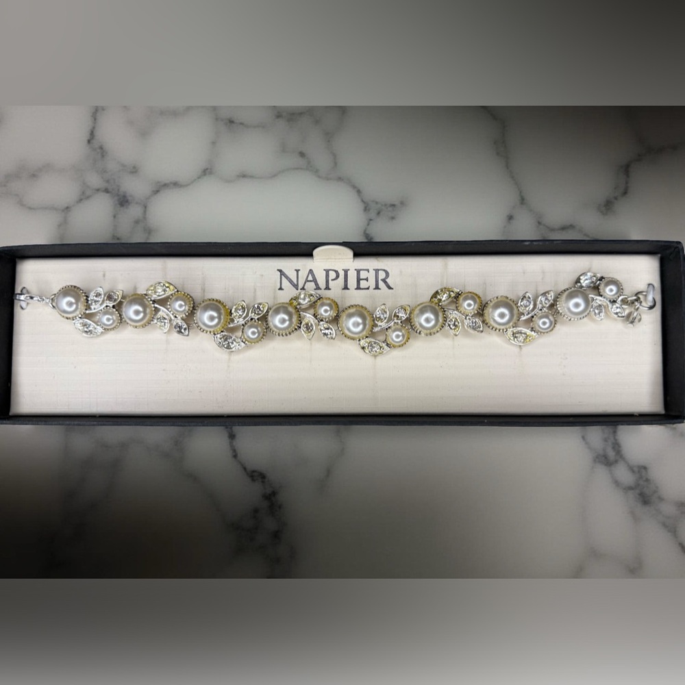 Napier Silver-Tone Bracelet with Faux Pearls & Crystal Leaves